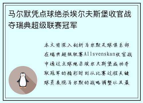 马尔默凭点球绝杀埃尔夫斯堡收官战夺瑞典超级联赛冠军 马尔默凭点球绝杀埃尔夫斯堡收官战夺瑞典超级联赛冠军
