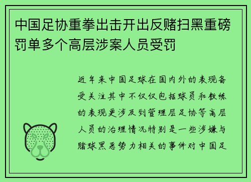 中国足协重拳出击开出反赌扫黑重磅罚单多个高层涉案人员受罚