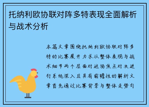 托纳利欧协联对阵多特表现全面解析与战术分析 托纳利欧协联对阵多特表现全面解析与战术分析