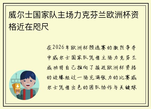 威尔士国家队主场力克芬兰欧洲杯资格近在咫尺 威尔士国家队主场力克芬兰欧洲杯资格近在咫尺